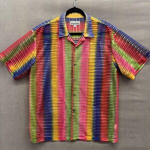 Maltos Shirt Mens Large Multicolor Striped Pleated Short Sleeve Button Up USA